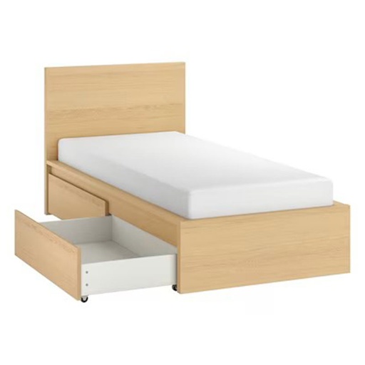 MALM Bed Frame, High, W 2 Storage Boxes, White Stained Oak Veneer, Luroy,90x200cm